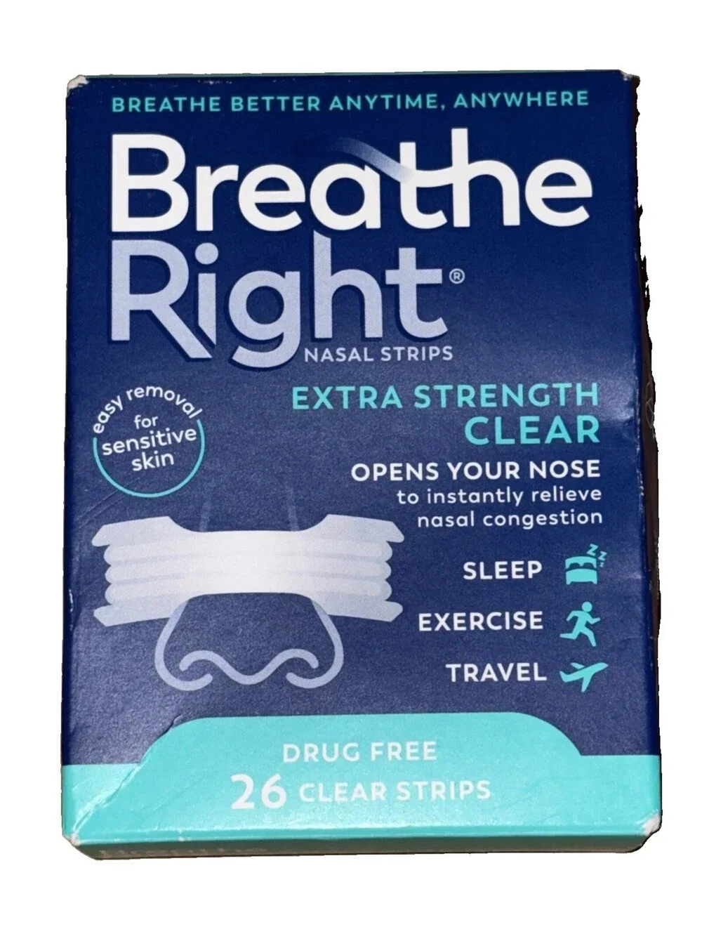 Open Box- Breathe Right Extra Strength Clear Nasal Strips 26 Ct Exp 08/31/2029